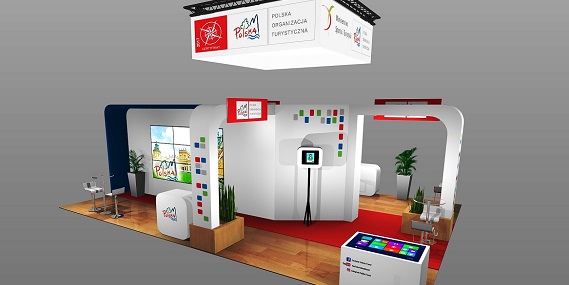 Wizualizacja stoiska Polskiej Organizacji Turystycznej na targach Tour Salon w Poznaniu