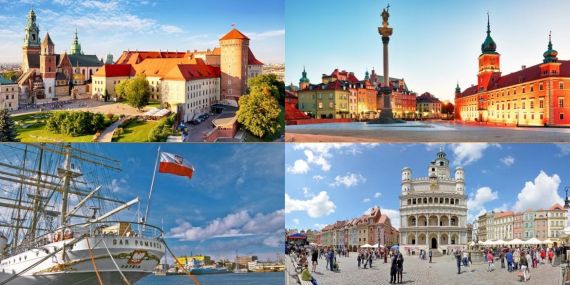 Wawel w Krakowie, Plac Zamkowy w Warszawie, Dar Pomorza w Gdyni oraz Rynek w Poznaniu